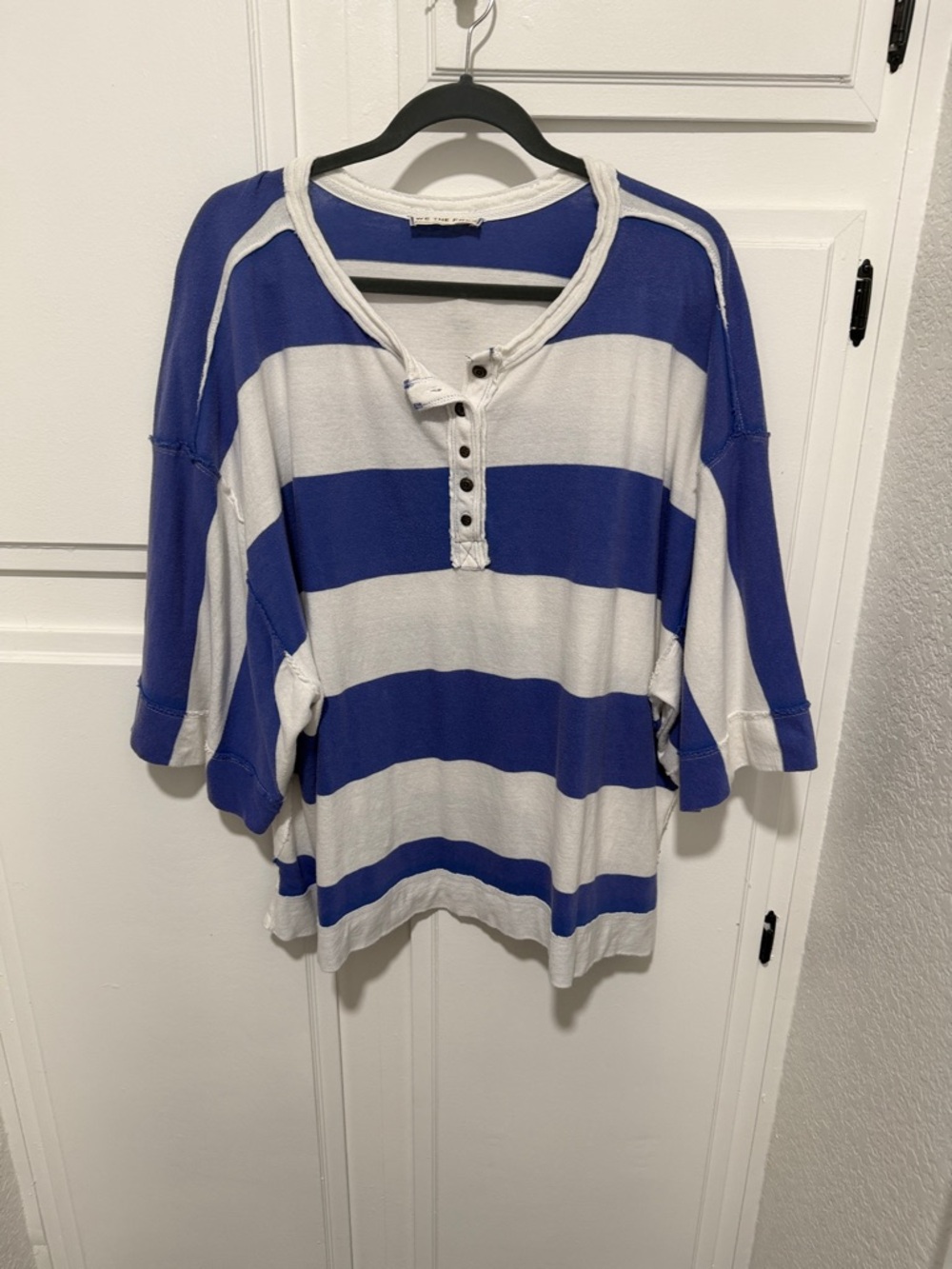 We The Free Blue and White Striped Henley oversized short Sleeve Top
